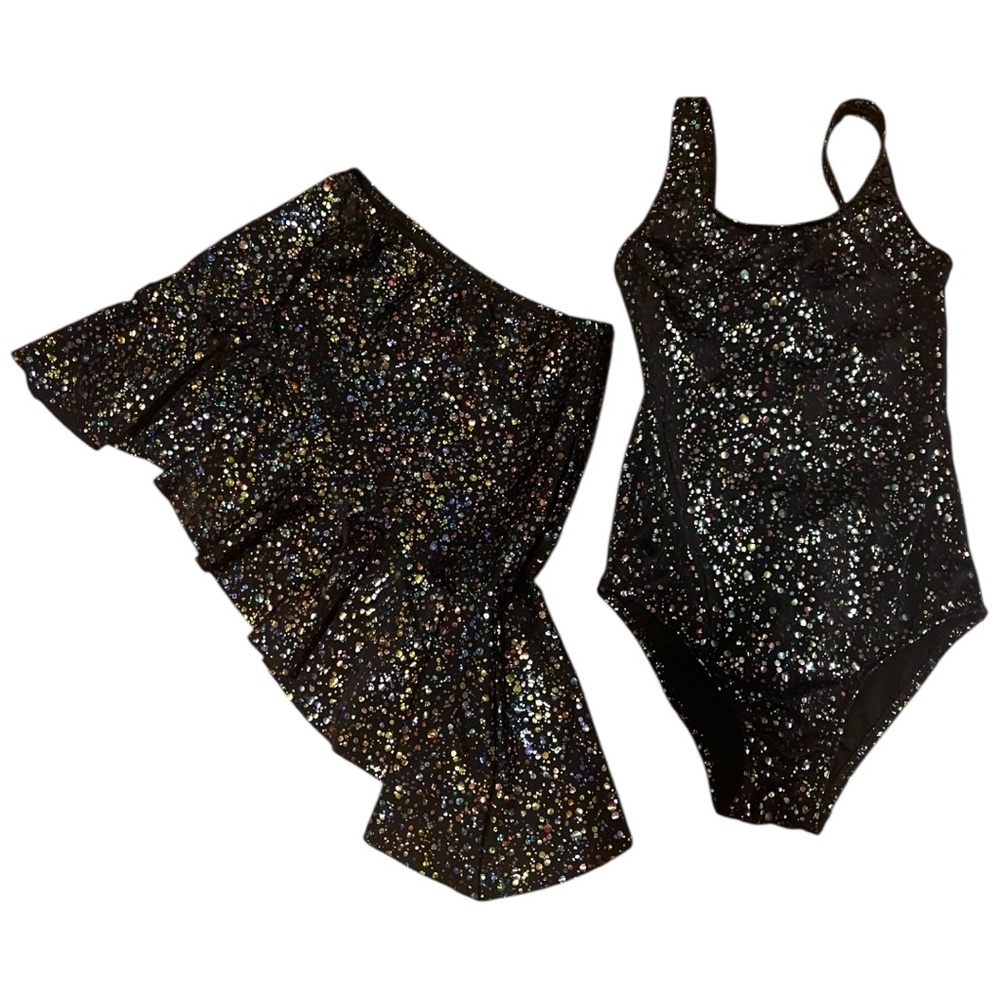 Glittery Black Girls Swim One Piece with Matching Swim Skirt